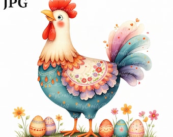 Watercolor Rooster Clipart: High-Resolution PNGs (Digital Download)