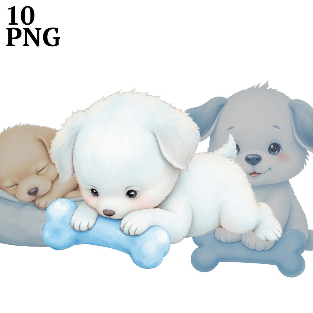 10 Cute Puppy Clipart, Blue Baby Boy Dog Clip Art Kit, High Res PNG for ...