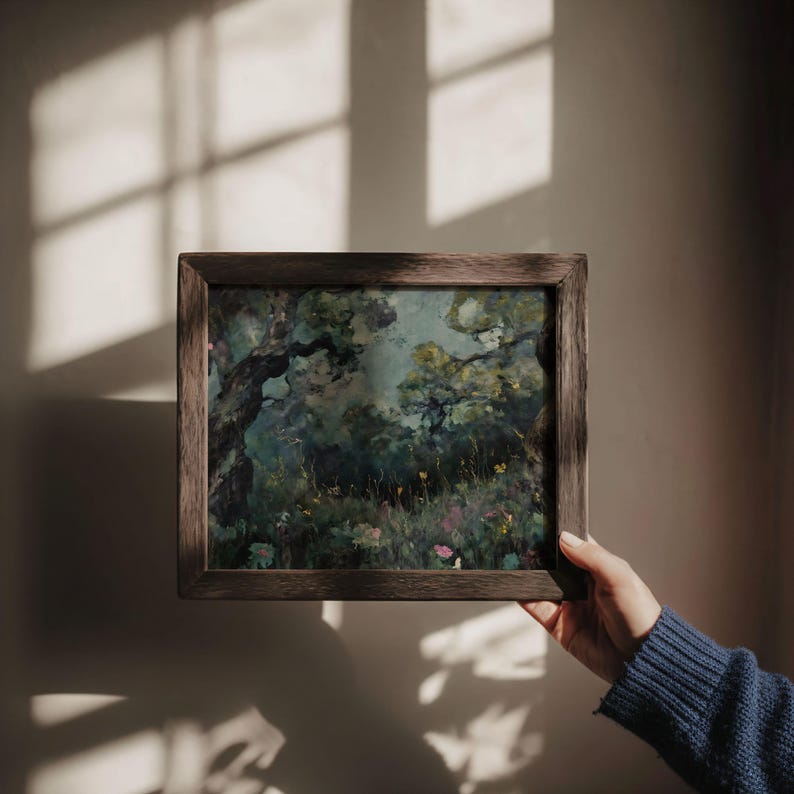 Impressionistische Moody Forest Art Print | Vintage schilderij donkere natuur, herfst Cottagecore-muurdecoratie afdrukbaar afbeelding 3