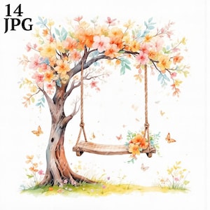 14 Balanço em clipart de árvore, balanço floral, clipart de aquarela para impressão, JPGs de alta qualidade, download digital, artesanato em papel, diários de lixo