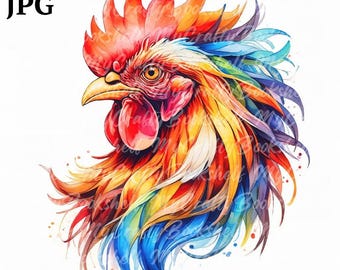 Watercolor Rooster Clipart: Colorful Bird PNGs (Digital Download)