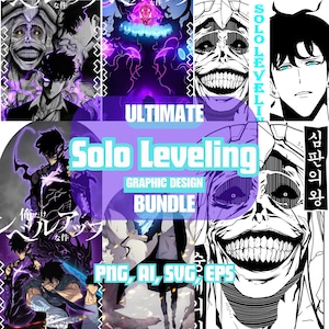 May include: A graphic design bundle featuring artwork from "Solo Leveling." The design includes various character illustrations in black, white, and purple. Text includes "ULTIMATE," "Solo Leveling," "GRAPHIC DESIGN," and "BUNDLE."