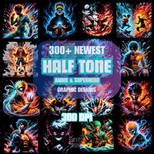 300+ Anime Halftone Graphic Designs | Halftone PNG | Anime T-shirt | Print on demand | Printify | Sublimation | DTF | Gift for him