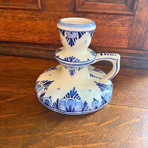 Vintage Delft Hand-Painted Candle Holder with Loop: Blue & White Country Decor