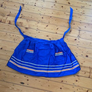 Vintage Handmade Apron Cobalt Blue Cotton Linen, 1970s-80s Kitchen Apron with Pockets, Red & Yellow Trim, Retro Hostess Gift