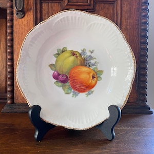 Cuenco de porcelana Royal Scenic de la década de 1940: vajilla vintage de transferencia de frutas con borde dorado