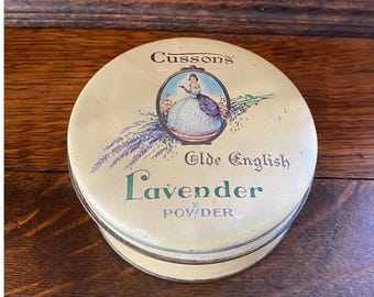 Vintage Cussons Olde English Lavender Powder Tin, 1940s Collectible Talc Tin, Floral Vanity Decor, English Bathroom Decor