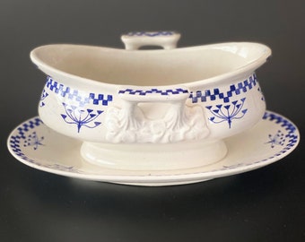 Historisches französisches Bauernhaus-Vintage-Geschirrstück aus den 1880er Jahren - Sauciere - Saucière Damier de Creil et Montereau - Rustikales antikes Dekor