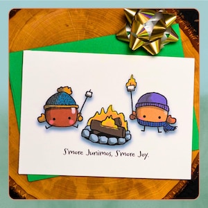 S'more Junimos, S'more Joy - Blank Christmas/Holiday Card (5x7"/A7) Stardew Valley Holiday Card, Christmas Card, Cozy Gamer Greeting Card