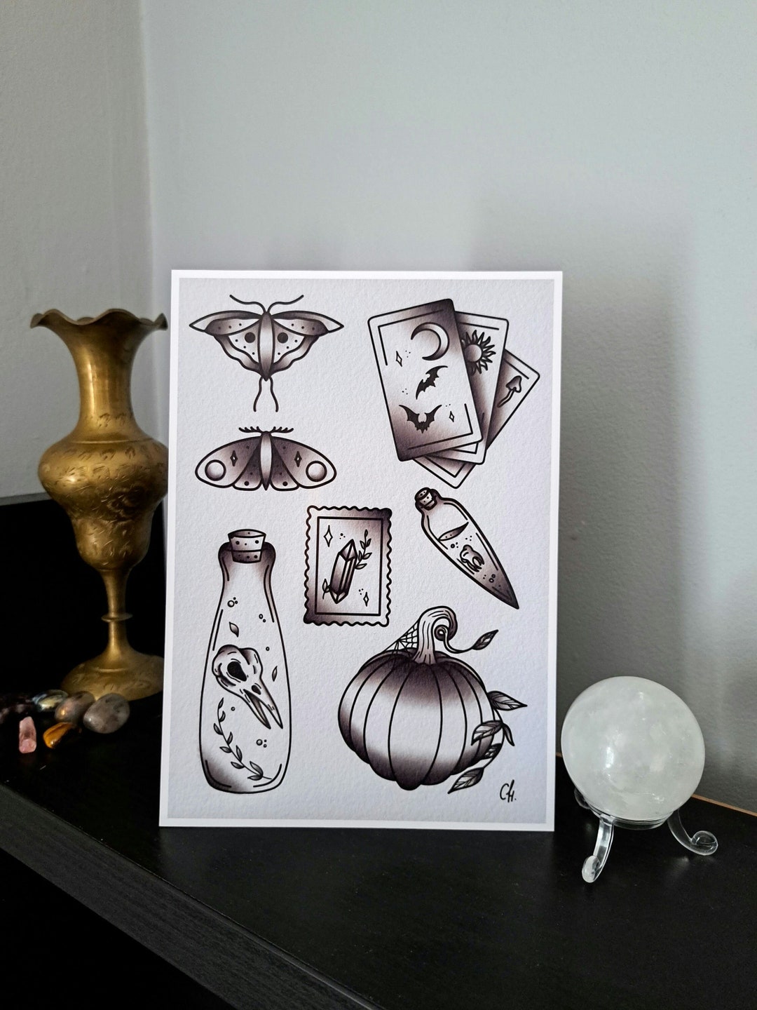Gothic Halloween Tattoo Flash Sheet| Glossy Paper A5 | Gallery Wall ...