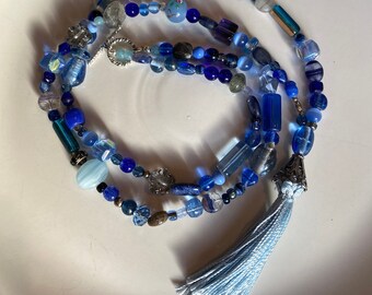 Blue Mixed Media Tassel Necklace