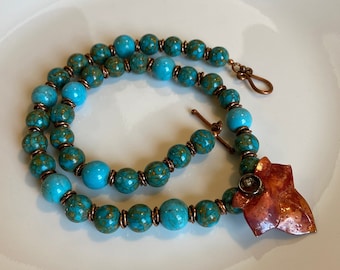 Turquoise and Magnesite Copper Leaf Pendant