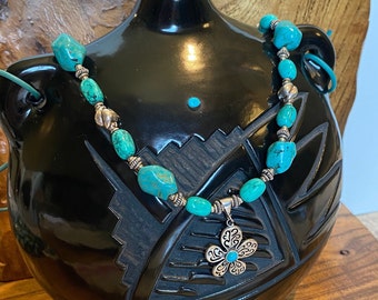 Turquoise Nugget with Flower Pendant Necklace