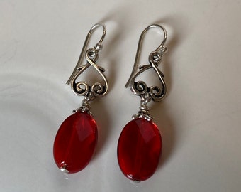 Viney Silver Heart with Red Pressed Glass Earrings