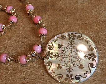 Pink Coral Necklace with Mother of Pearl Pendant