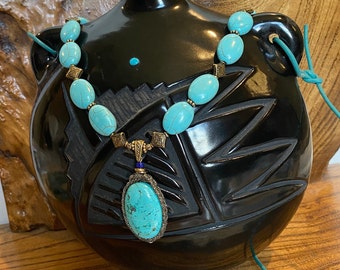 Turquoise, Magnesite and Antique Gold Pendant Necklace