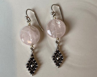 Rose Quartz Faceted Coin with Antique Sterling Silver Drop Earrings