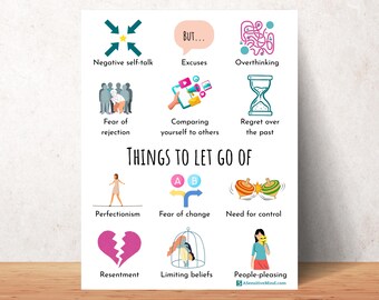 Things To Let Go Of Poster, Adults Therapy, Therapy Office Wall Art, Therapy Decor, Coping skills, motivational poster, Digital Print, PDF