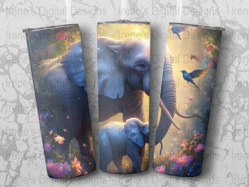 Elephant and Baby Digital Art, Magical Forest Scene, Wildlife Wall Art