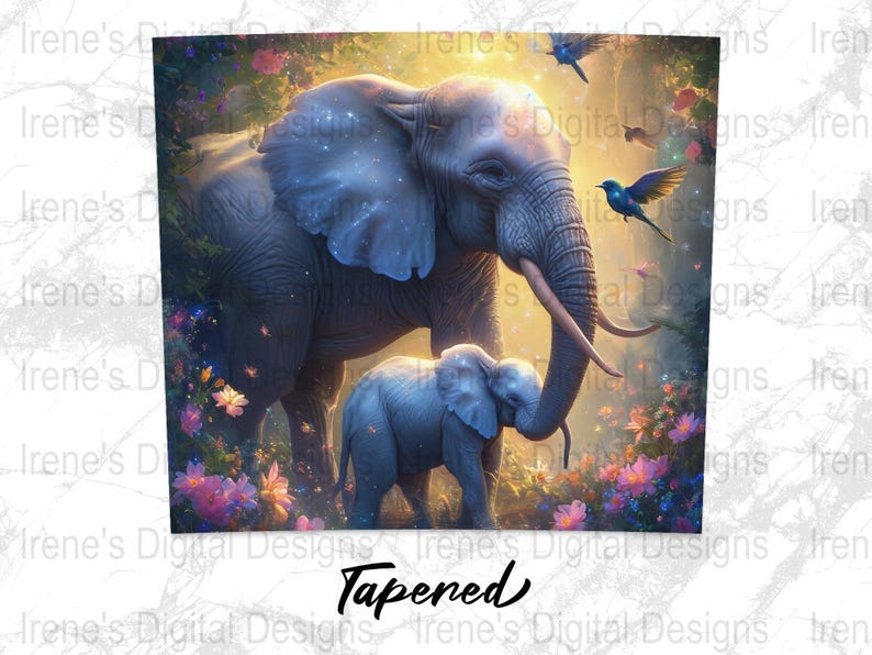 Elephant and Baby Digital Art, Magical Forest Scene, Wildlife Wall Art