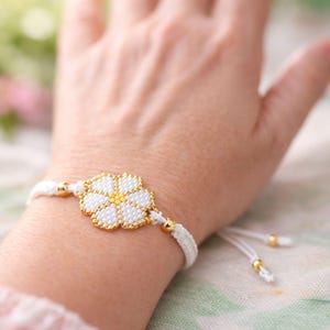 White Daisy Bracelet - Handmade Miyuki Bead Flower Jewelry - Boho Chic Macrame Adjustable Cord -  Dainty Floral Gift for Her