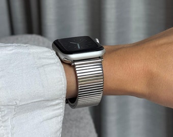 Silver Apple Watch Band: Stainless Steel Loop, Adjustable Metal Bracelet