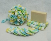 Blue/green Spa bath set,bath puff,eye make up remover pads,facecloths,shower puff,crochet facecloths,eye pads,blue,green,yellow,white