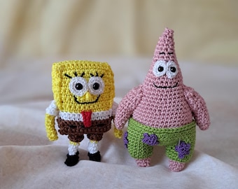 May include: Crocheted plush toys of SpongeBob SquarePants and Patrick Star. SpongeBob is yellow with a brown belt and white eyes. Patrick is pink with green pants and purple starfish designs.