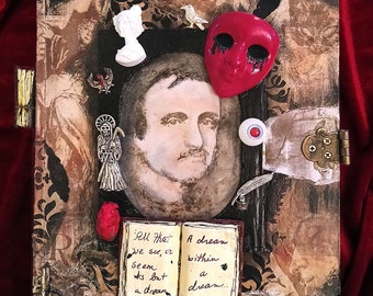 Edgar Allen Poe, Bücherkiste aus Holz. Versteckter Tresorfach, hohles Geheimfach.