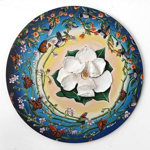 Magnolia Dreams, cuadro original con magnolias, mariposas, colibríes y flores