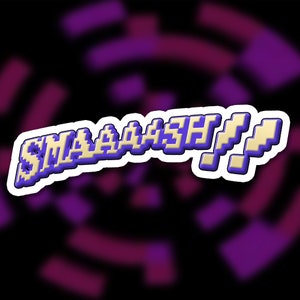 May include: A pixelated, 3D-style sticker with the text "SMASH!" in a light yellow color with a blue outline. The sticker has a white border and is set against a blurred background of purple and pink shapes.