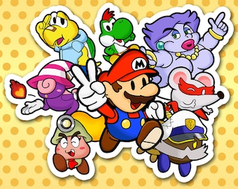 May include: A colorful illustration of eight cartoon characters, including Mario, Yoshi, and a mouse wearing a pirate hat. The characters are all in a paper-like style and are set against a yellow polka dot background.