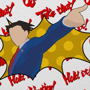 May include: A cartoon illustration of a man in a blue suit and red tie pointing with his right hand. He is surrounded by a yellow and white comic book style speech bubble with the words "Take that!" written in red. The background is white with the words "Take that!" and "Objection!" repeated in red.