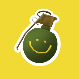 May include: A green grenade sticker with a yellow smiley face. The grenade has a brown handle and a gold-colored top. The sticker is outlined in white and set against a yellow background.