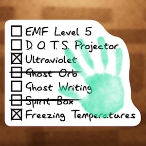May include: A white sticker with a green handprint and black text. The text includes a checklist with items like "EMF Level 5," "Ultraviolet," and "Freezing Temperatures." The background is a blurred brown.