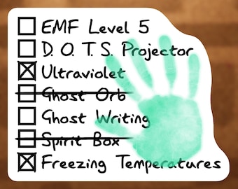 May include: A white sticker with a green handprint and black text. The text includes a checklist with items like "EMF Level 5," "Ultraviolet," and "Freezing Temperatures." The background is a blurred brown.