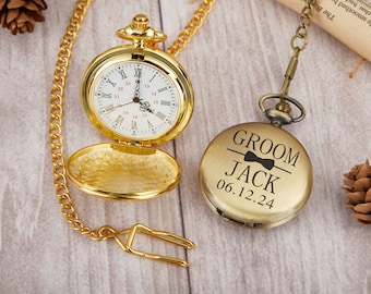 Custom Engraved Pocket Watch,Personalized pocket watch with Chain,Father of Groom Gift,Men's watch,Bronze watch,Gifts for him