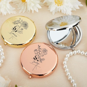 Personalized Compact Mirror, Bridesmaid Proposal & Best Friend&#39;s Birthday Gifts, Custom Wedding Favor for Women,Birth Flower Pocket Mirror