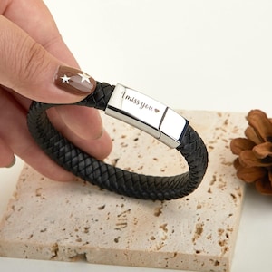 Personalized Mens Leather Bracelet,Engraved Bracelet with Stainless Steel Magnetic,Hidden Message Bracelet for Men,Boyfriend Husband  Gift