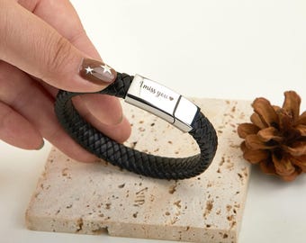 Personalized Mens Leather Bracelet,Engraved Bracelet with Stainless Steel Magnetic,Hidden Message Bracelet for Men,Boyfriend Husband  Gift