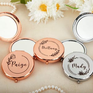 Espejo compacto personalizado, espejo de maquillaje portátil personalizado, espejo tallado a láser con nombre, regalo de dama de honor, regalos de boda, regalo de despedida de soltera