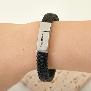 Custom Mens Personalised Engraved Leather Bracelet -Stainless Steel Jewelry - Christmas Gift -Black Gold Silver- Dad Boyfriend For Him