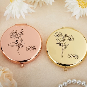 Personalized Compact Mirror, Gifts for Bridesmaid Proposal, Best Friend&#39;s Birthday, Custom Gift for Women, Birth Flower Pocket Mirror