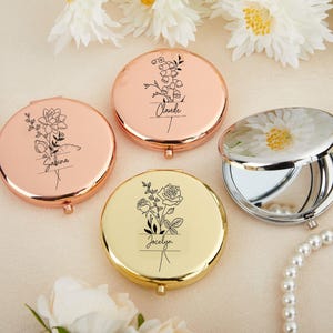 Espejo con flor de nacimiento grabada, regalo para boda, espejo de bolsillo de lujo para dama de honor, regalo de flor de nacimiento para mujer, regalo para ella.