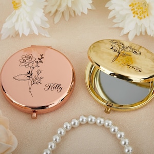 Personalized Name Compact Mirror，Bridesmaid  Mirrors,Custom Wedding Gifts,Birth Flower compact Mirror for Her,Bridal Shower Gifts