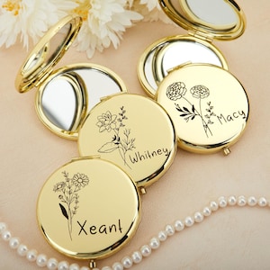 Personalized Compact Mirror, Bridesmaid Proposal & Best Friend&#39;s Birthday Gifts,Birth Flower Pocket Mirror, Custom Wedding Favor for Women