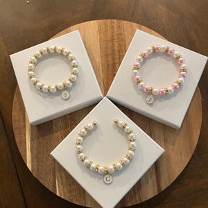 Personalized Pearl Rhinestone Bracelet: Flower Girl Gift, Initial Charm