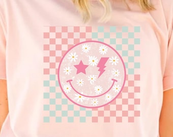 Smiley Gesicht Shirt, Smiley Gesicht T-Shirt, Smiley Gesicht T-Shirt, Geschenk für sie, lustiges Shirt, kariertes Shirt, trendiges kariertes T-Shirt