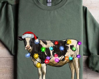 Christmas Cow Sweatshirt, Cow Lights Sweater, Cow Women Sweatshirt, Cow Lover Shirt, Christmas Sweatshirt, Highland Cow Crewneck, Farm Xmas