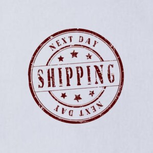 Może przedstawiać: Czerwona gumowa pieczątka z napisem "Next Day Shipping" i czterema gwiazdkami wok&oacute;ł tekstu.